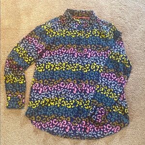 BODEN Silk Button Down Shirt Rainbow Geo Animal AOP Navy Yellow Pink Gray M